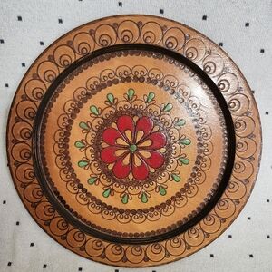 Large Polish Wood Plate Pyrography 12” Folk Art Floral Theme Vintage Slavic Art